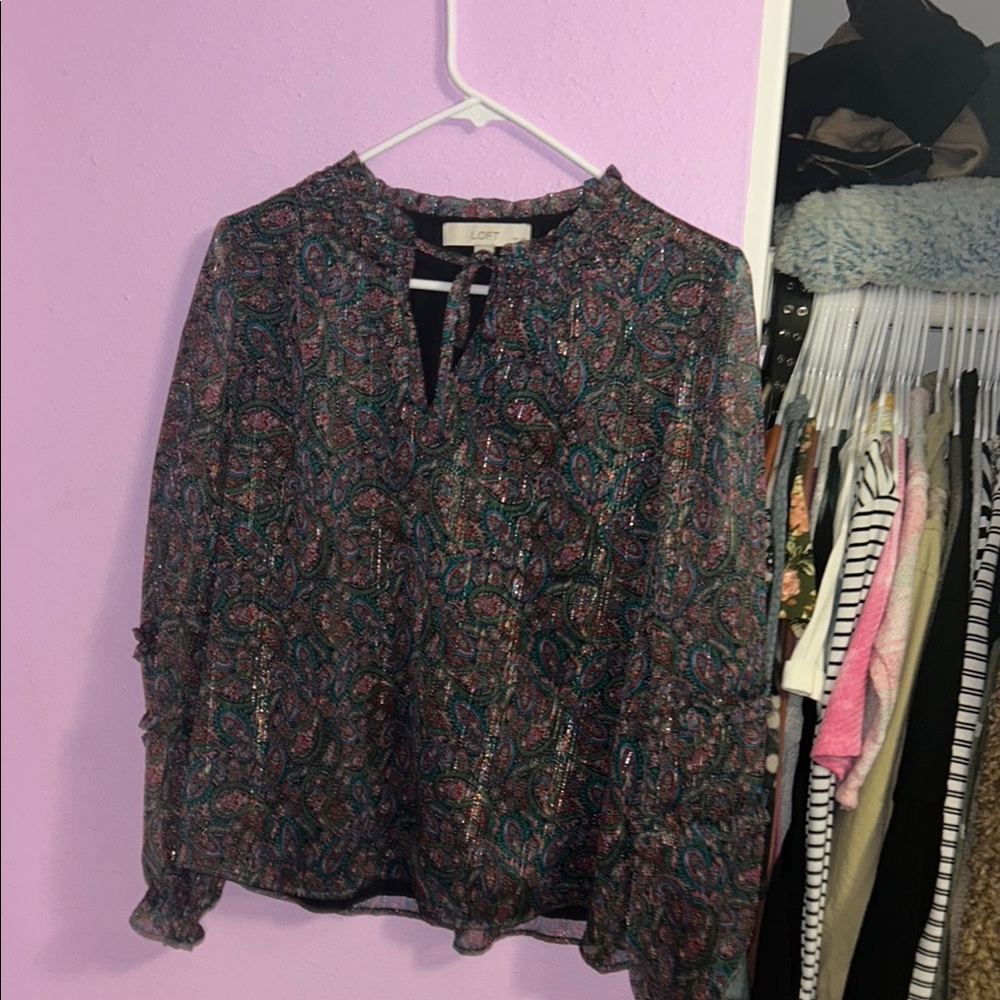 LOFT Pink and Purple Flutter Sleeve Blouse with Tie Front